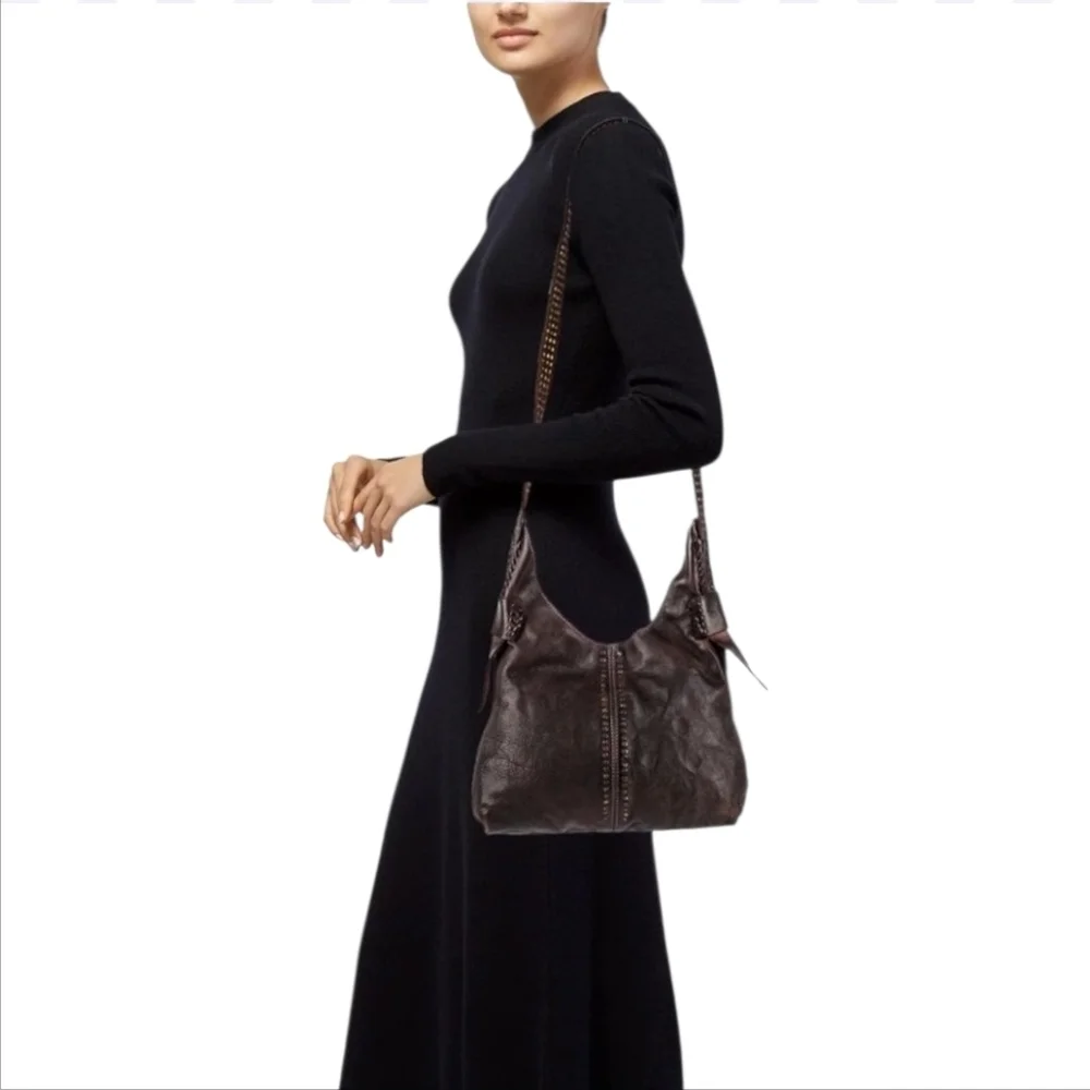 FRYE | Samantha Studded Hammered Leather Hobo Bag Brown Distressed Crossbody